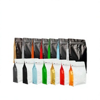Sachet d'emballage de café en PE à fond plat, noir, à 8 côtés, avec fermeture éclair scellée, valve unidirectionnelle, résistant à l'humidité, impression personnalisée pour café torréfié