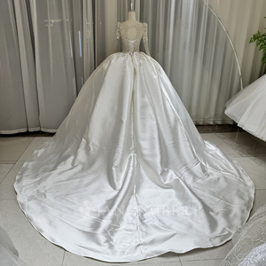 Lsoy035 Gorgeous Satin <b>Ball</b> <b>Gown</b> Wedding Dress Regular Sleeve Beaded Appliques Crystal Lace Chapel Train Floor-Length Backless - Product Image 5