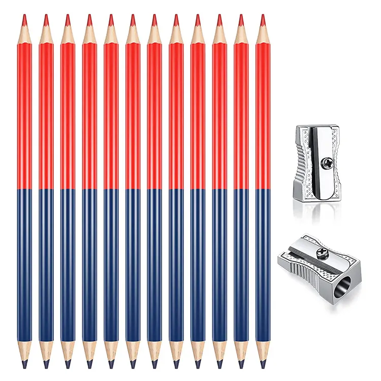 factory customized high quality oem red blue dual tips wooden pencils round with box for school children