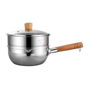 Stainless steel saucepan with glass lid cookware set steamer pot with wooden handle