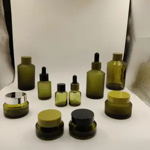 Botella de vidrio verde oscuro transparente para cosméticos, botella de tóner con tapa negra mate de 50g, 40ml, 100ml, 120ml y 150ml