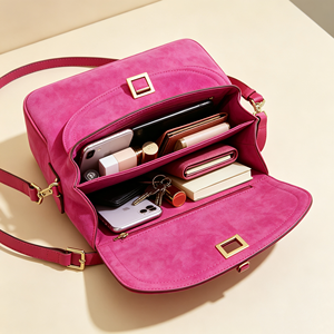 Sac bandoulière rose vif en daim pour femme, sac à rabat en matériaux mixtes, sac à main quotidien avec sangle réglable - Product Image 6