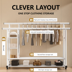 Porte-vêtements multifonctionnel en métal à double tringle CF avec étagères de rangement épaisses, support vertical sur pied pour balcon, séchoir à linge - Product Image 3