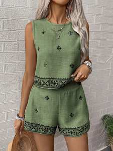 Conjunto de Dos Piezas de Moda para Mujer, Bordado, Verde, Informal, Corto, Tejido de Chifón, Método de Tejido Sólido, para Uso Diario - Product Image 4