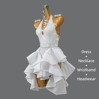 Robe de danse latine pour femmes, dos nu, ornée de strass, blanche, en spandex extensible, à volants, pour compétition sur scène, vente en gros