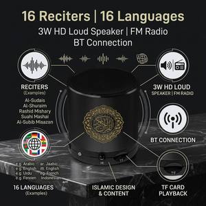 เครื่องเล่นกุรอานแบบพกพาพร้อมลำโพงขนาดเล็ก มีนักอ่าน 16 คน 16 ภาษา วิทยุ FM ดีไซน์แบบอิสลาม รองรับการเล่นผ่านการ์ด TF - Product Image 1
