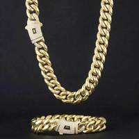 BES 6-14mm Ensemble Collier et Bracelet Chaîne Cubaine Miami Or 14K 18K Acier Inoxydable Chaîne Cubaine Monaco Hip Hop pour Hommes