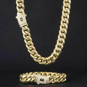 BES 6-14mm Miami Cuban Chain Necklace Bracelet Set 14K 18K Gold Stainless Steel Monaco Cuban Link Chain Necklace Hip <strong>Hop</strong> for Men - Product Image 1