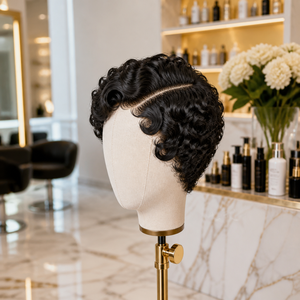 Perruque Chioma courte bouclée 100% cheveux humains naturels transparents pour la partie avant, densité 200%, effet mouillé, franges noires, vente en gros Senmu - Product Image 4