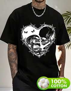 T-Shirt Unisex con Stampa Teschio e Cuore, Nero e Bianco, Stile Semplice, Manica Corta, Collo Tondo, Vestibilità Regolare, 100% Cotone, Lavabile in Lavatrice - Product Image 3