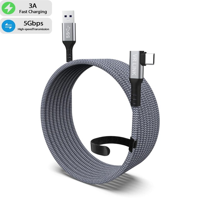 USB Type C 5M Braided Right Angle Camera VR Link Data Cable 3A Fast Charging with Nylon Jacket for Computers