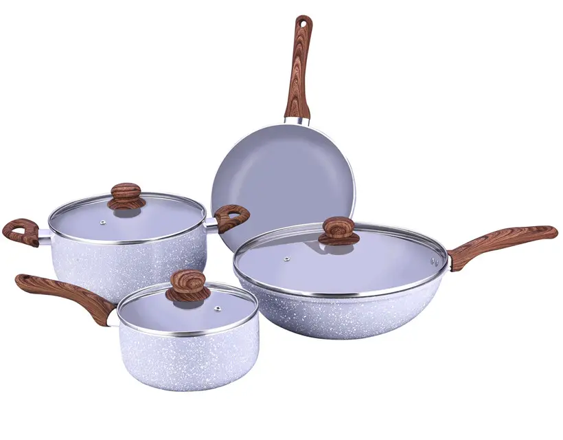 2020 nuevo diseño 7 piezas de utensilios de cocina de aluminio alta calidad antiadherente con tapa de vidrio woks