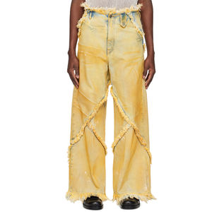 XJYD haute qualité personnalisé <span class=keywords><strong>Beige</strong></span> Argyle Streetwear Jeans hommes Vintage lavé boue sale détresse bord brut Baggy Denim pantalon - Product Image 1