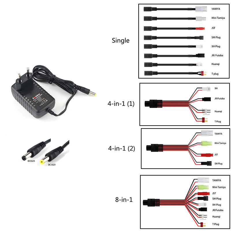 Caricabatterie Universale Per Pacchi NIMH/NICD 2.4V-12V – Con Connettori Tamiya, JST, SM-2P Per Modellismo RC (Tamiya)