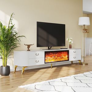 Mueble de TV de Madera Maciza Blanca de Lujo, Chimenea con Llama Simulada en 3D, Estufa Integrada, Decoración para Sala de Estar - Product Image 2
