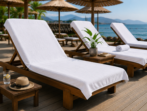 Funda elástica de algodón de rizo para tumbona de hotel comercial, al por mayor, con bolsillo para piscina y playa - Product Image 1