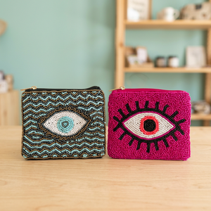 Porte-monnaie artisanal en coton perlé Jaunty, motif œil brodé, pochette zippée, forme personnalisée, sac cadeau tendance, usage quotidien, assortiment varié - Product Image 1
