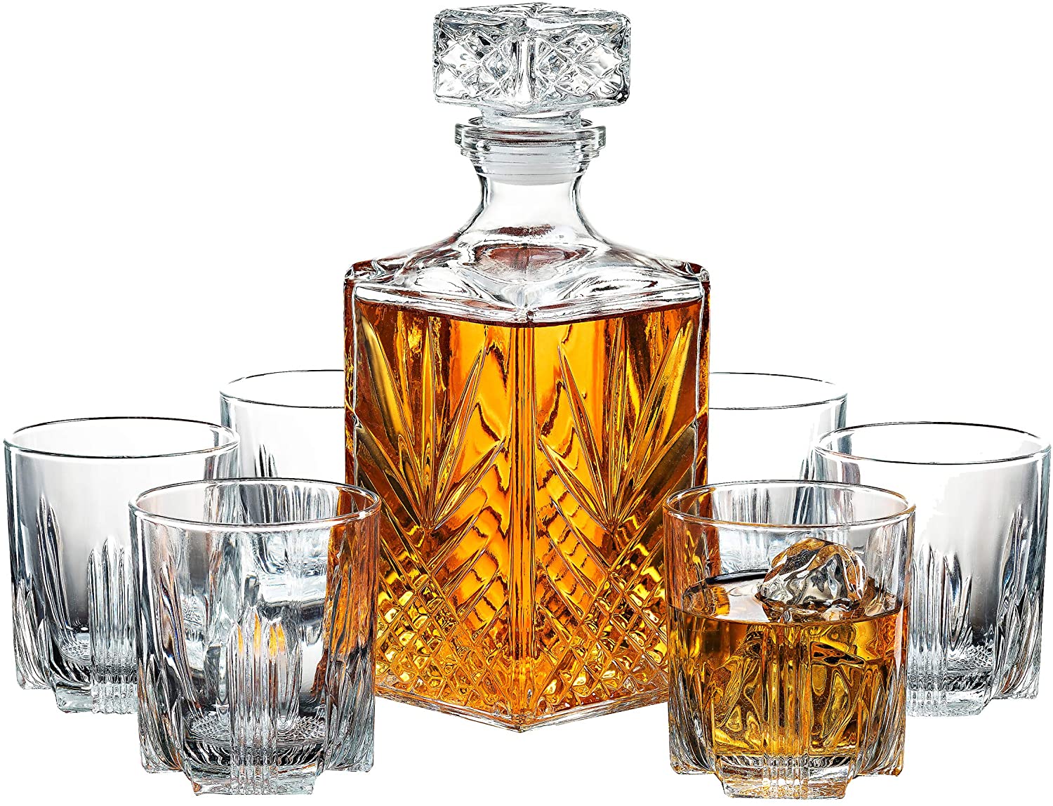 7-Piece Crafted Glass Decanter & Whisky Glasses Set Elegant Whiskey Decanter with Ornate Stopper