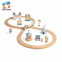 Ensemble de jeu de train de carnaval rond en bois : Grande roue, carrousel, figurines, chariot à glaces et thème parc d'attractions pastel W04C313