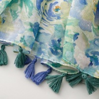Hijab katun motif bunga hijau biru, ringan, lembut, syal pantai, selendang katun voile bermotif bunga dengan rumbai