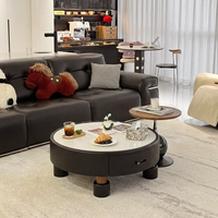 Ensemble de table basse ronde moderne et table d'appoint en placage de noyer avec plateau en pierre blanche, tiroir de rangement, meubles de luxe pour salon et hôtel