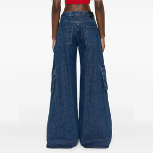 사용자 정의 로고 통기성 다크 섹시 로우 와이드 레그 여성용 청바지 포켓 캐주얼 스트리트웨어 - Product Image 3