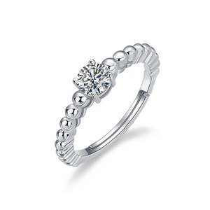 Anillo Solitario de Plata de Ley S925 con Moissanita Redonda, Tallo con Cuentas, Ajustable, Estilo Vintage, Anillo de Boda Elegante para Mujer - Product Image 1