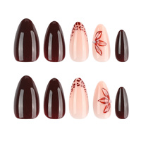 Lefan 3D wijnrode bloemen Franse stijl opzetnagels met luipaardprint bloemen amandelvormige tips