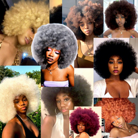 Perruque Afro Bouclée Années 70 avec Frange, Double Trame Faite à la Machine, Cheveux Synthétiques Noirs Chinois pour Femmes, Sans Colle, Grande, Volumineuse, Douce et d'Aspect Naturel