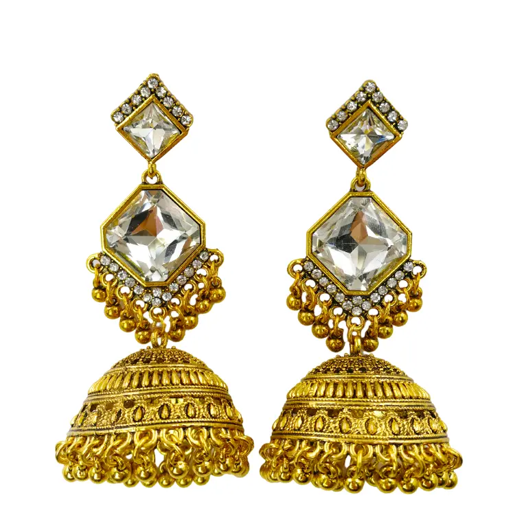 Jhumki Jhumka — boucles d'oreilles en cloche avec perles en cristal or, grand pendentif, bijoux indiens, strass