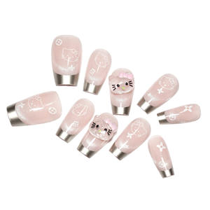 Fransız Tarzı Altın Simli Tam Kaplama Kedi Gözü Kısa Boy Tırnak Süsü Çıkarılabilir Takma Tırnaklar Sevimli Hello Kitty Kedi Giyilebilir Takma Tırnaklar - Product Image 4