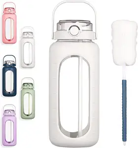 Hot Sale Glass water Bottle with Straw and Handle Leakproof Water Bottle Motivational Water Bottle with Silicone Sleeve