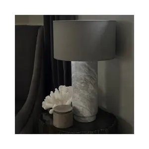 SHIHUI Natural Stone Marble Decoration Arabescato White Marble Table Lamp Desk Standing Light For Hotel Bedside