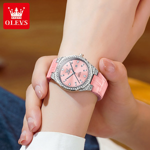 Reloj de cuarzo para mujer Olevs, esfera rosa, bisel de cristal, correa de cuero, resistente al agua hasta 30 m, pantalla analógica - Product Image 2