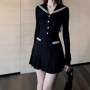 Falda corta de punto con cuello marinero negro francés para mujer, nueva colección de principios de otoño, juvenil, elegante y ceñida a la cintura - Product Image 2