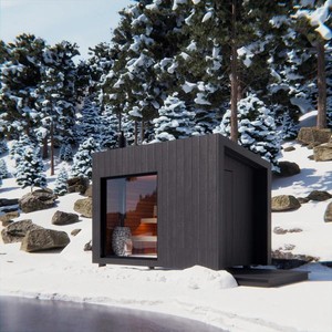 Cabine de sauna infrarouge lointain compacte à lattes verticales en hemlock noir avec chauffage intégré, cheminée en pierre, entrée latérale et terrasse - Product Image 3