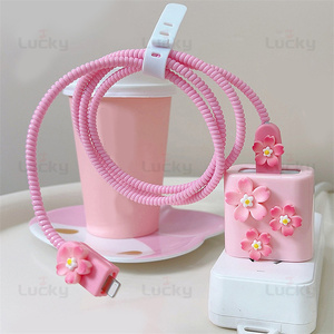 Kawaii Dễ Thương Phim Hoạt Hình 3D Màu Hồng Cherry TPU Silicone USB Bảo Vệ Bìa Đối Với iPhone 18W-20W Dòng Dữ Liệu Đầu Dây Nhanh Chóng Sạc Trường Hợp - Product Image 3