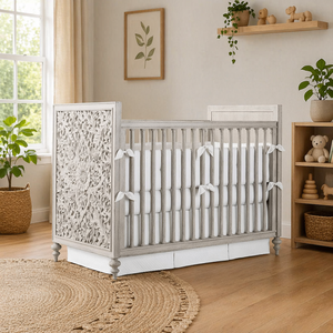 RH American Country <strong>Oak</strong> Solid Wood Carved Crib Multifunctional Toddler Bed Portable <strong>Cot</strong> Newborn White - Product Image 2