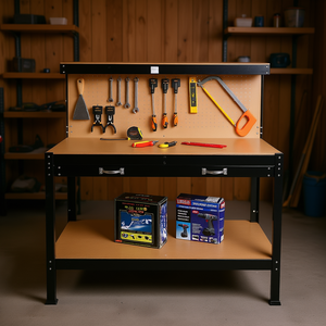 Banc de travail en bois 115 cm avec rangement pour outils, panneau perforé et tiroir pour usage en atelier - Product Image 2