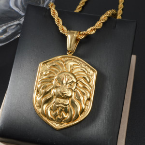 Colgante de Lujo con Cabeza de León, Personalizable con Grabado, Acero Inoxidable 316L, Chapado en Oro de 18K, Cadena Gruesa de Cuerda Trenzada, Unisex - Product Image 2