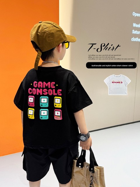 Children's Short-sleeved Cotton T-shirt Summer 2026 New Boys' Korean-style Loose Thin Game Console Pattern Printed Baby Plutton