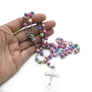 2022 New polymer clay bead rosaries christian cross rosary necklace chain jewelry making