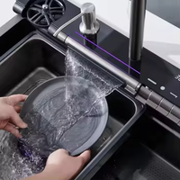 Ensemble d'évier de cuisine à cascade en acier inoxydable 201 fait à la main, robinet extractible à une cuvette, surface nano pour bassin de légumes à la maison