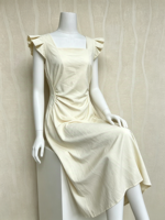Robe d'été longue sans manches coupe trapèze respirante col carré décontractée élégante à volants unie naturelle