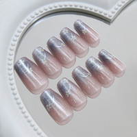 Faux ongles adhésifs nude effet gelée, bleu glace, œil de chat en spirale, motif floral miniature dessiné à la main, pailletés, réutilisables, pour femmes