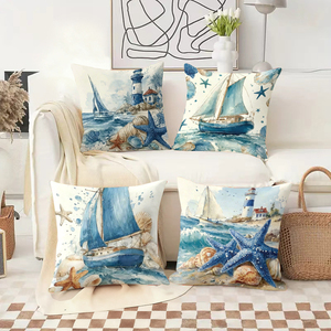 Kıyı ev dekorasyonu için yelkenli tekneler, deniz fenerleri ve deniz yıldızları içeren deniz temalı kırlentler - Product Image 2