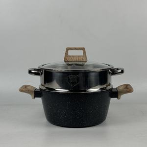 Rofee Ventas Directas 13 piezas Juego de utensilios de cocina de aluminio forjado Granito negro Revestimiento de mármol Cazuelas juego de cocina con cesta de vapor - Product Image 5