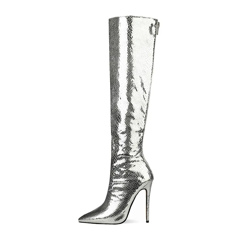 Women Popular 10/12cm Stiletto Heels Comfortable PU Silver leather Slip-On boots knee high