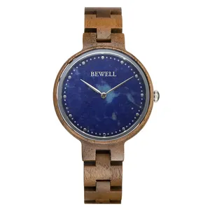 Nieuwe Trendy Handgemaakte Houten Kast Band Horloge Blauw Marmer Wijzerplaat Saffier Quartz Polshorloge