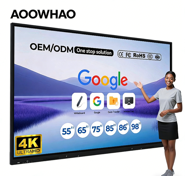 AOOWHAO OEM ODM Interactive 4K LCD Panel Smart Board Electronic Touch Screen Whiteboard 55 65 75 86 98 100 Inches for Teaching
